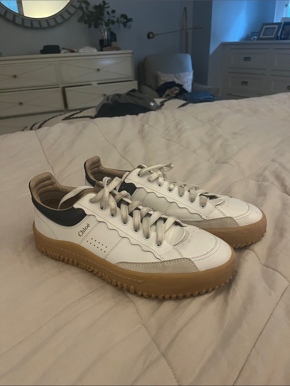 Chloé White Leather Sneakers with Gum Sole and Black Heel Tab